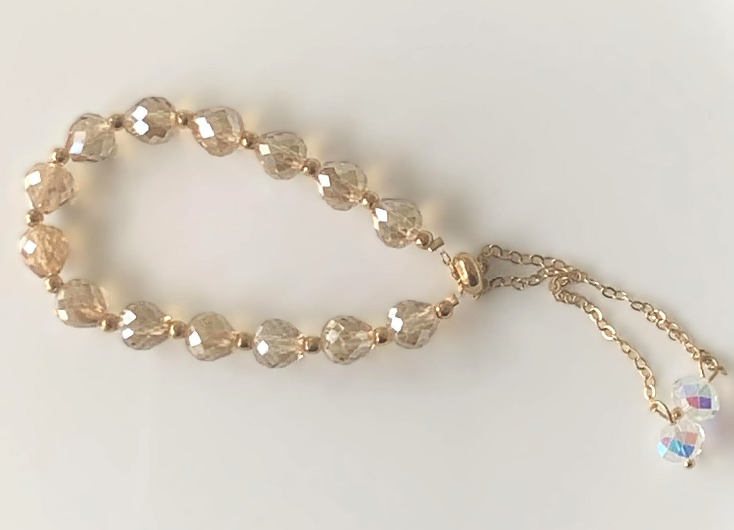 Champagne Faceted Crystal Adjustable Slider Bracelet with Gold Chain & AB Crystal Drops