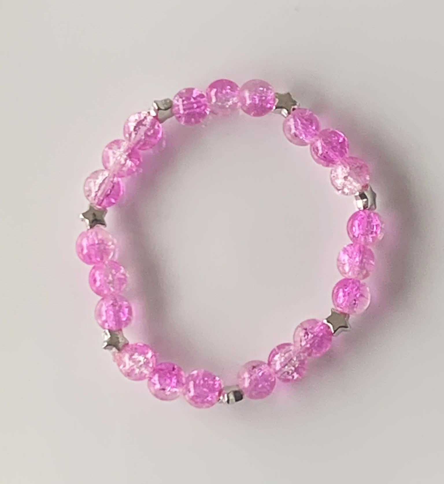 Pink Crackle Glass Stretch Bracelet with Silver Star Spacers