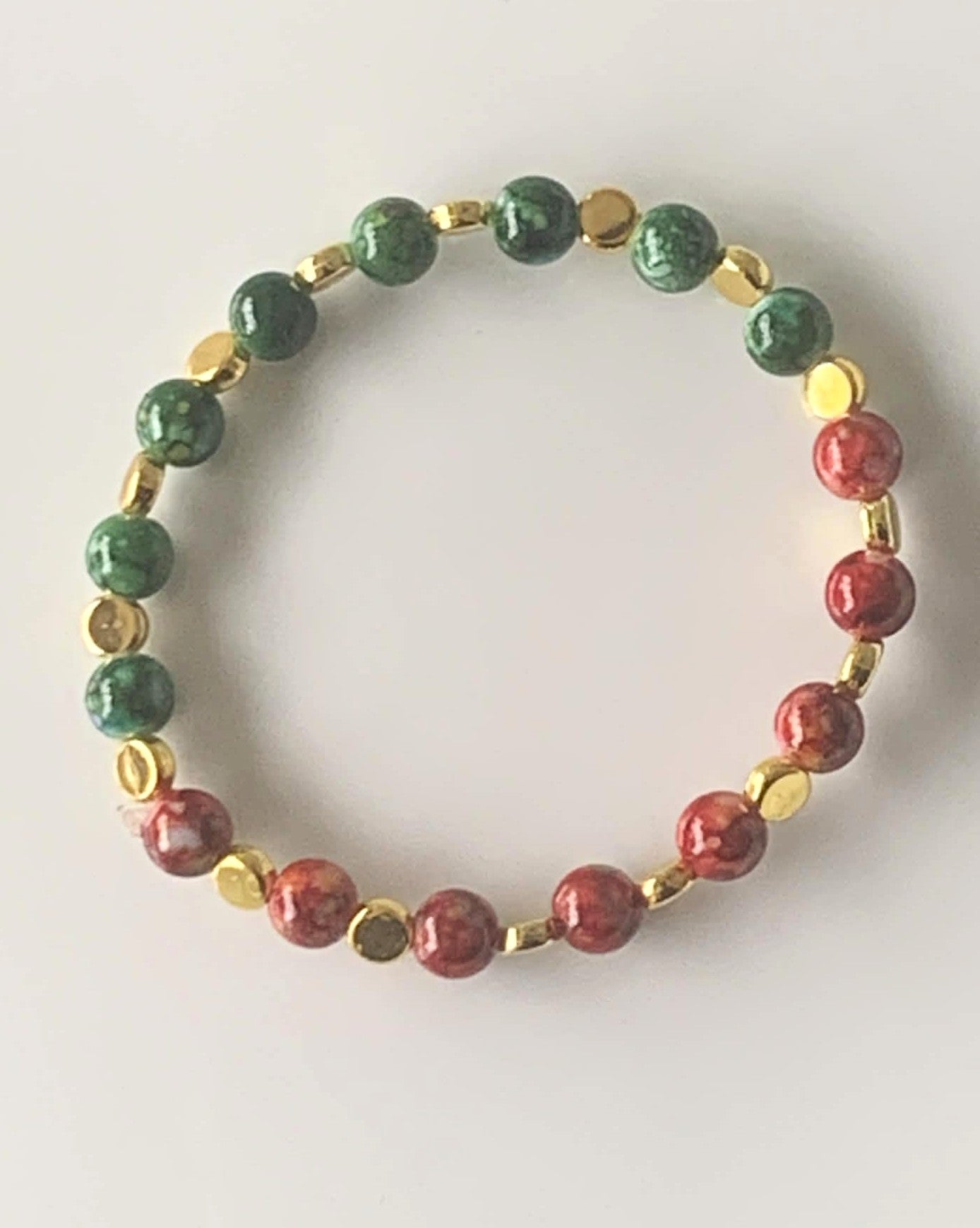 Green & Red Jasper Two-Tone Stretch Bracelet with Gold Disc Spacers