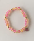 Pink & Yellow Two-Tone Crackle Glass Stretch Bracelet with Purple Heart Charm