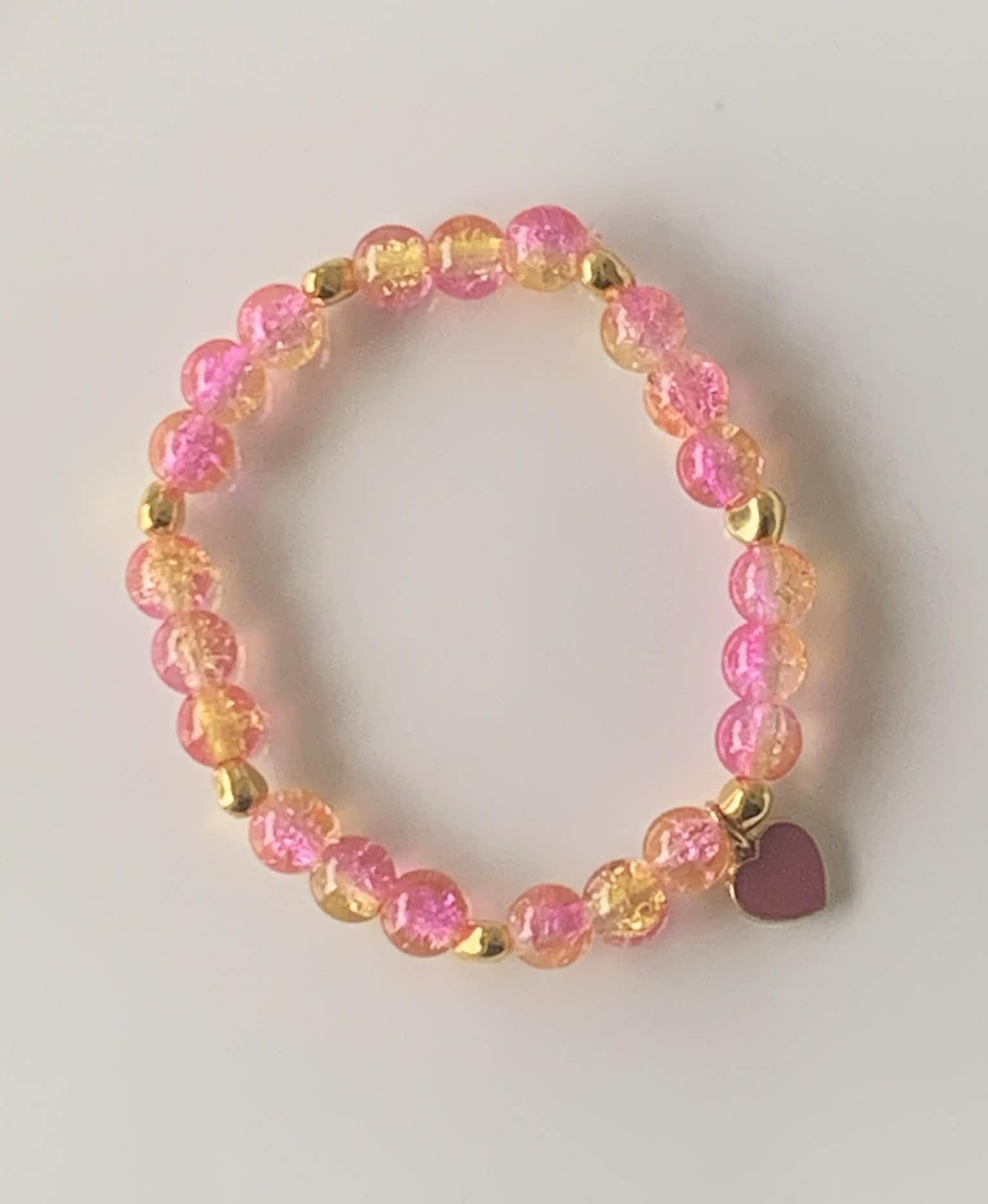 Pink & Yellow Two-Tone Crackle Glass Stretch Bracelet with Purple Heart Charm