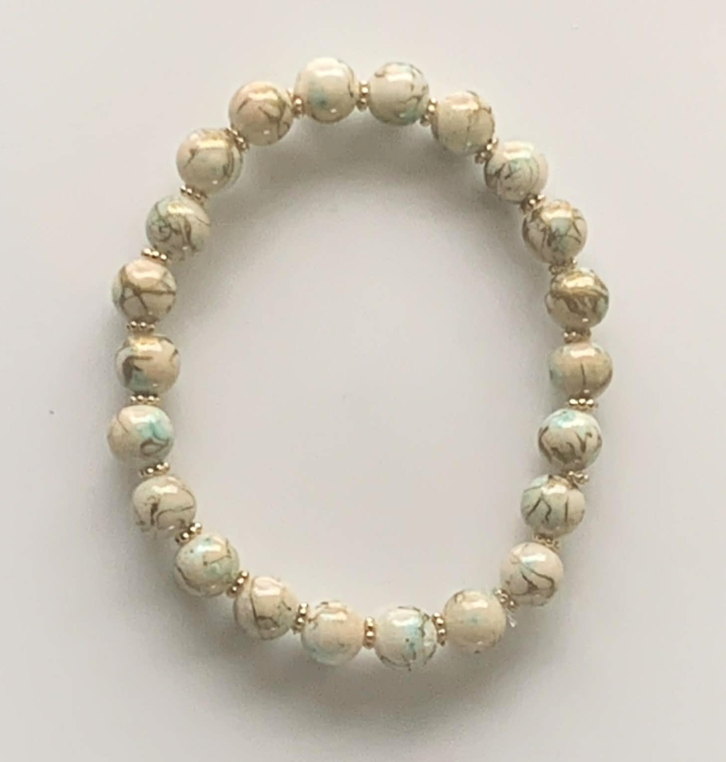 Cream & Teal Marble Bead Stretch Bracelet with Gold Rondelle Spacers