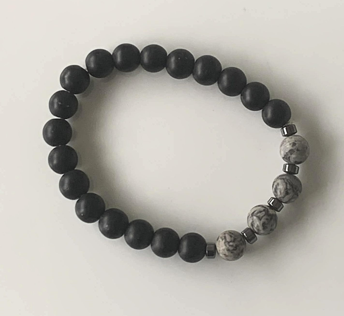 Matte Black Onyx & Grey Jasper Stretch Bracelet with Gunmetal Hematite Spacers