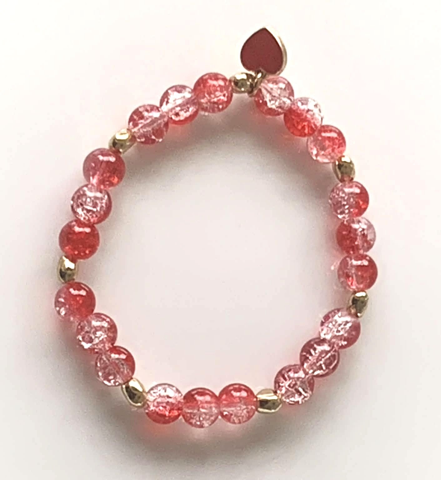 Strawberry Pink Crackle Glass & Gold Stretch Bracelet with Red Heart Charm