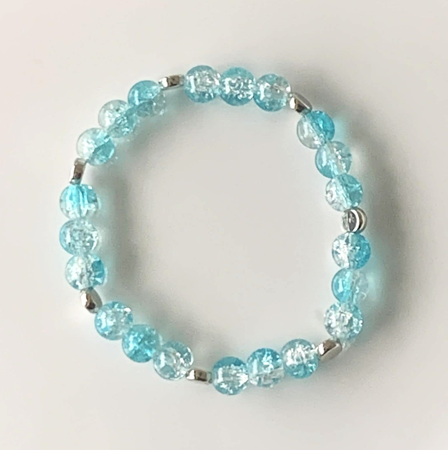 Aqua Blue Crackle Glass Stretch Bracelet with Silver Cube Spacers