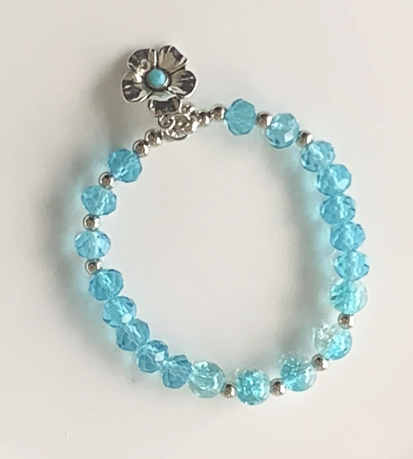 Aqua Crystal Stretch Bracelet with Silver Flower Charm