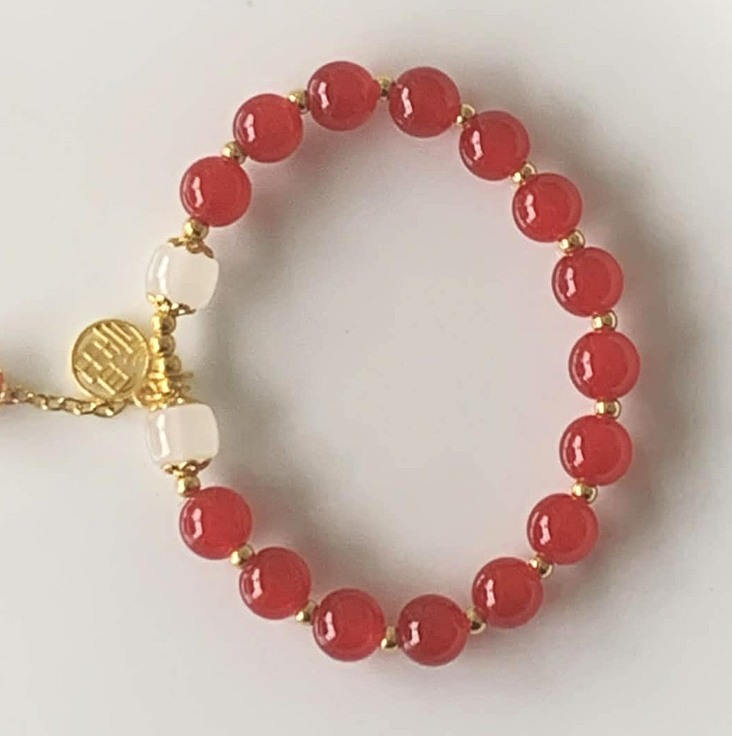 Red Carnelian & White Jade Adjustable Bracelet with Gold Rondelle Spacers & Lucky Coin Charm