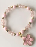 Pink Crystal & Ceramic Bead Stretch Bracelet with Gold Star Spacers & Cherry Blossom Charm