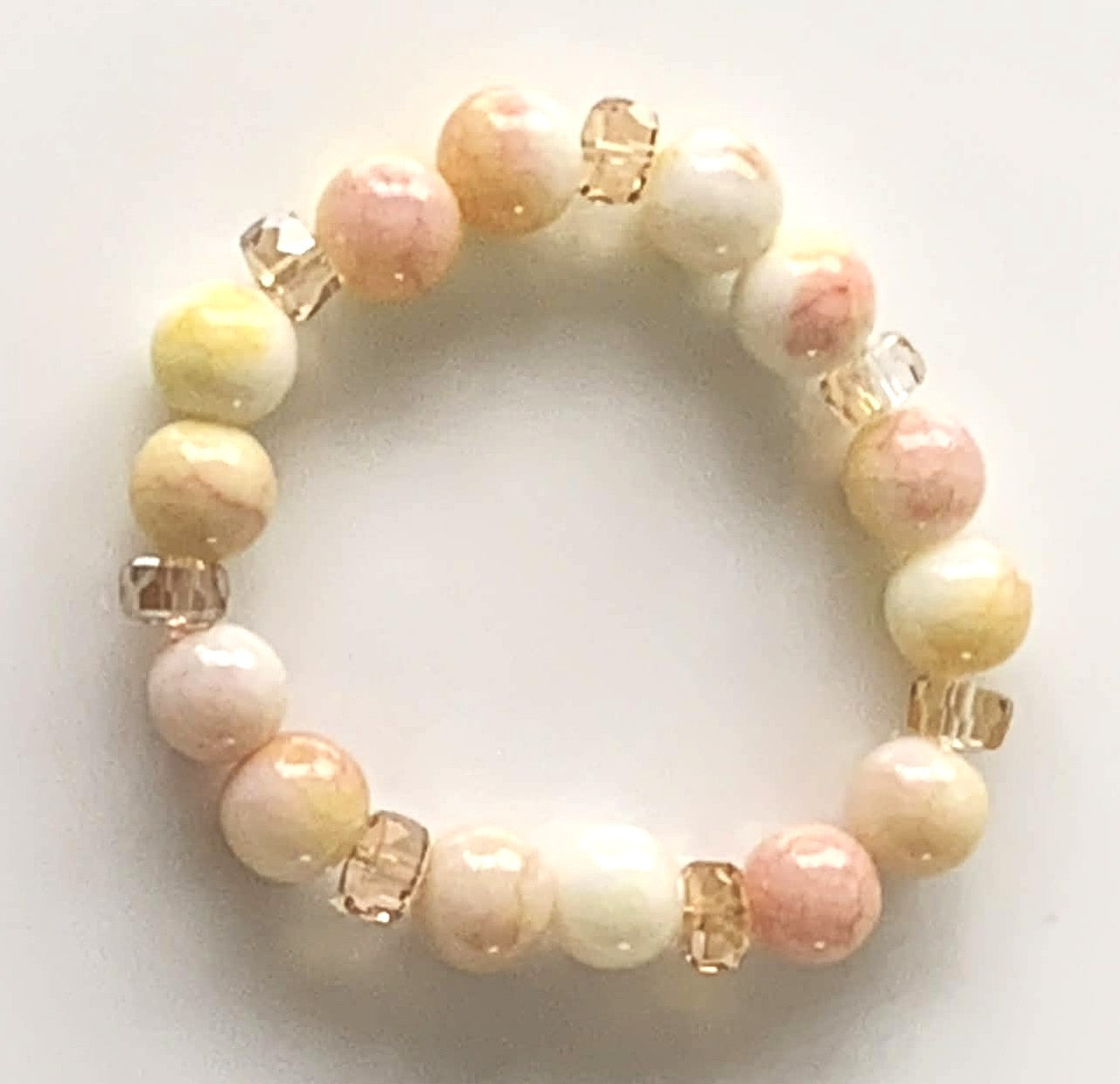 Peach & Cream Marble Bead Stretch Bracelet with Champagne Crystal Spacers