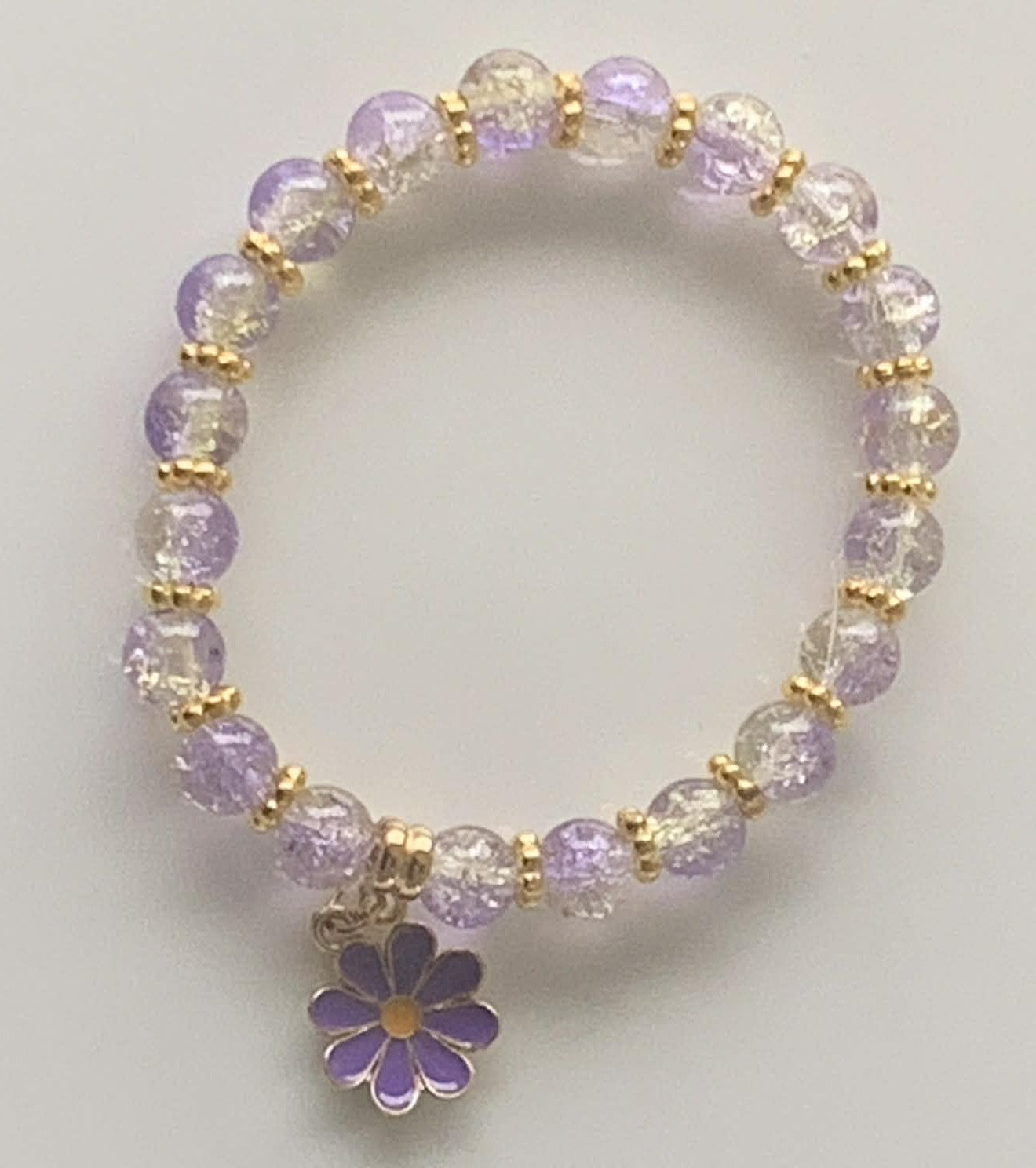 Lilac Crackle Glass Stretch Bracelet with Gold Rondelle Spacers & Daisy Charm