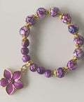 Purple Mosaic Jasper & Ceramic Bead Stretch Bracelet with Gold Filigree Spacers & Cherry Blossom Charm