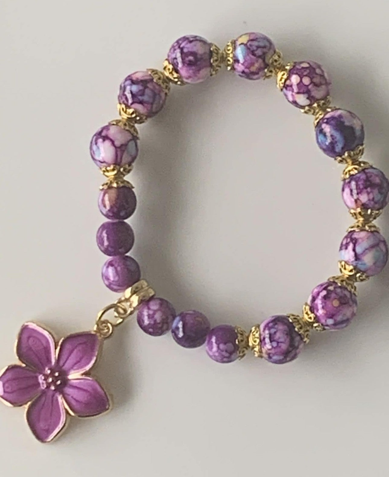 Purple Mosaic Jasper & Ceramic Bead Stretch Bracelet with Gold Filigree Spacers & Cherry Blossom Charm