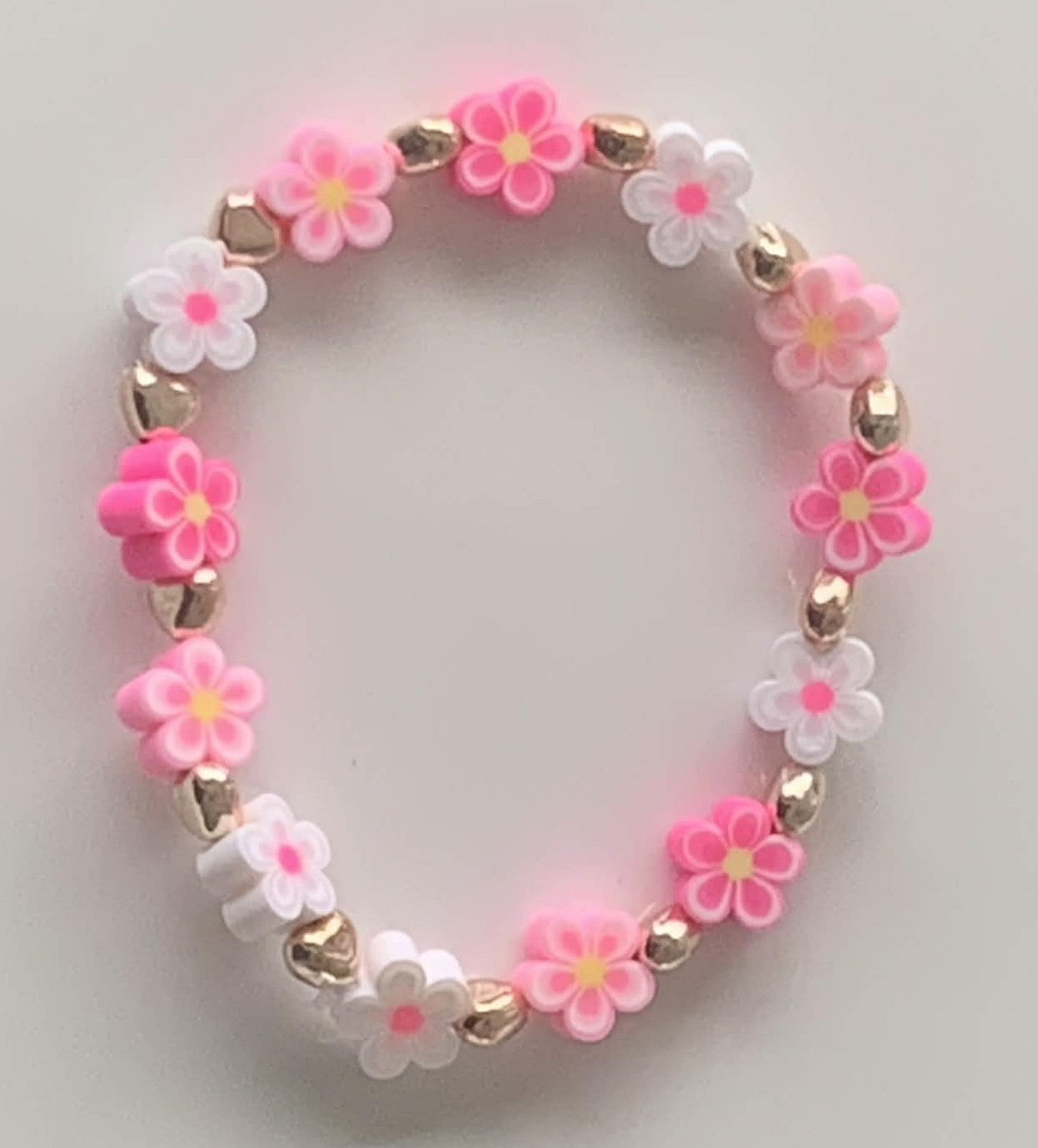 Pink & White Flower Clay Bead & Gold Stretch Bracelet