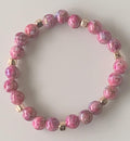 Pink Marble Round Bead Gold Cube Spacer Stretch Bracelet