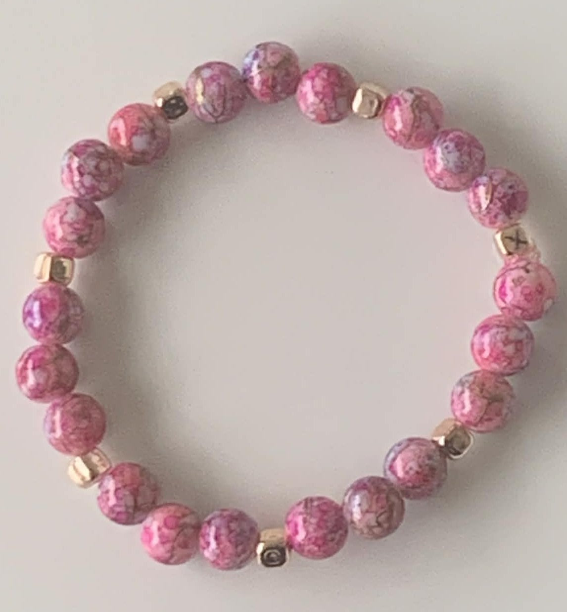 Pink Marble Round Bead Gold Cube Spacer Stretch Bracelet