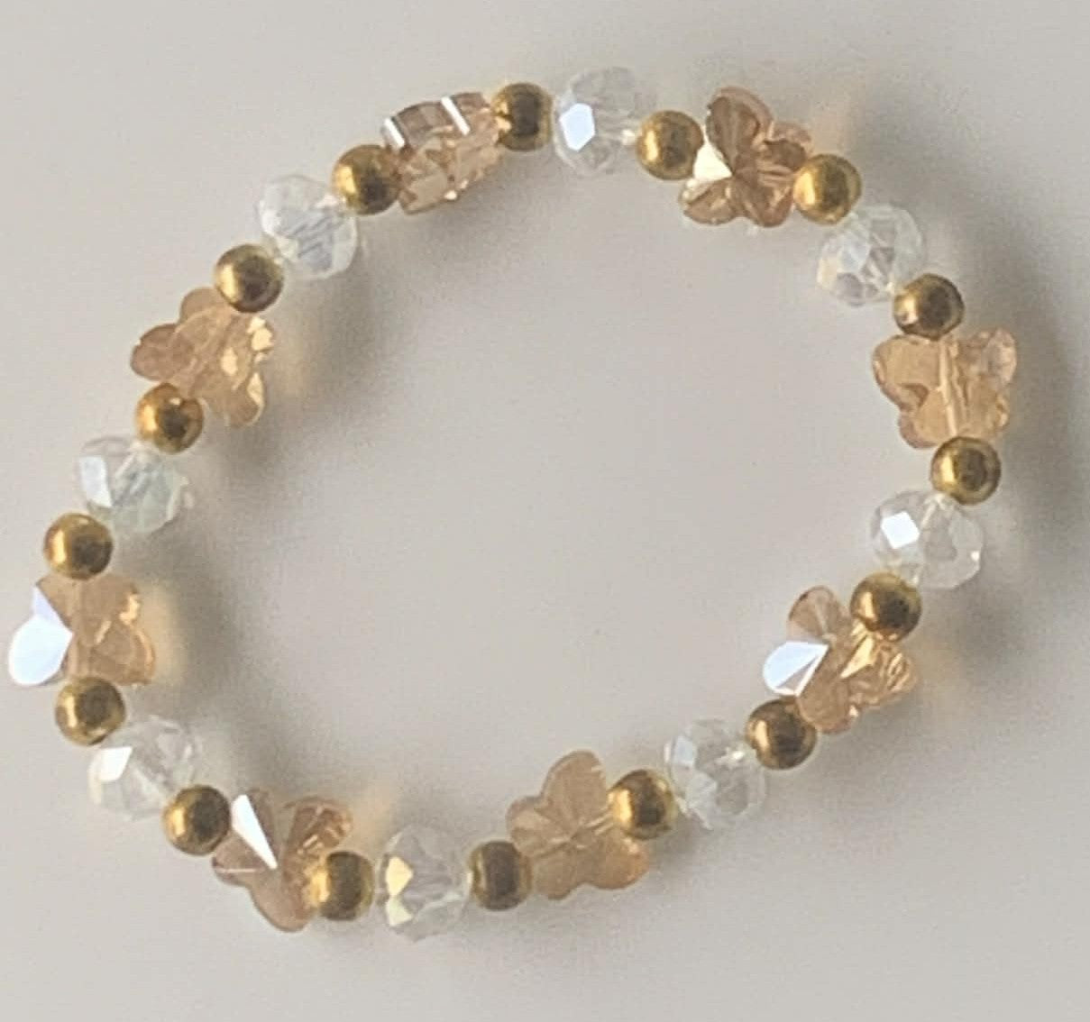Champagne & Clear Crystal Butterfly Bead Stretch Bracelet with Gold Ball Spacers