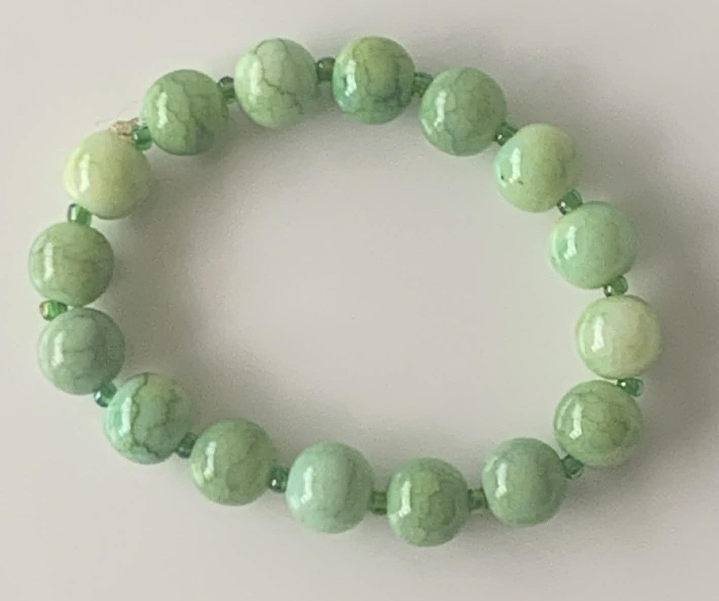 Mint Green Jade Round Bead Stretch Bracelet with Teal Seed Bead Spacers