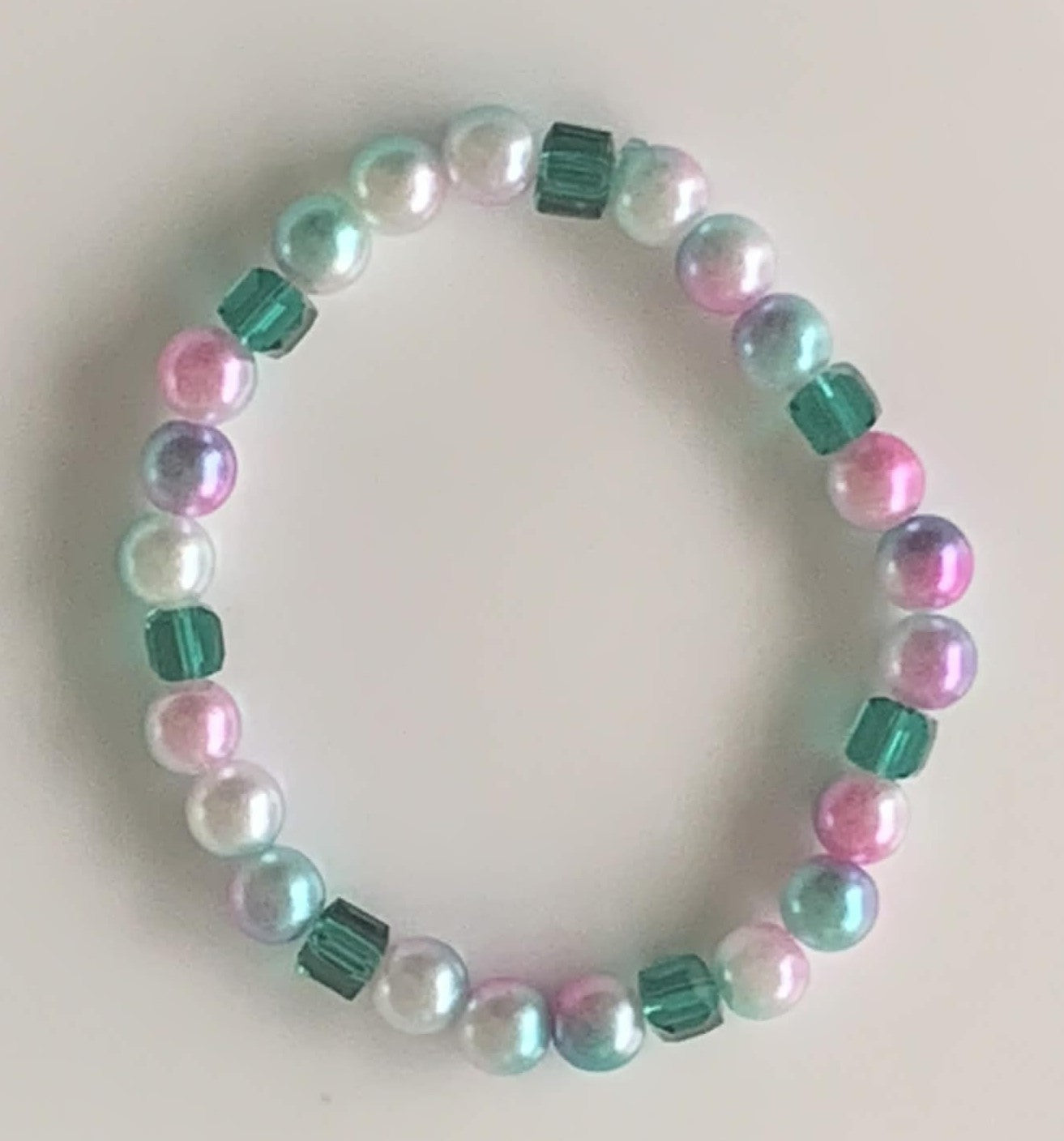 Pastel Pearl & Emerald Crystal Cube Stretch Bracelet