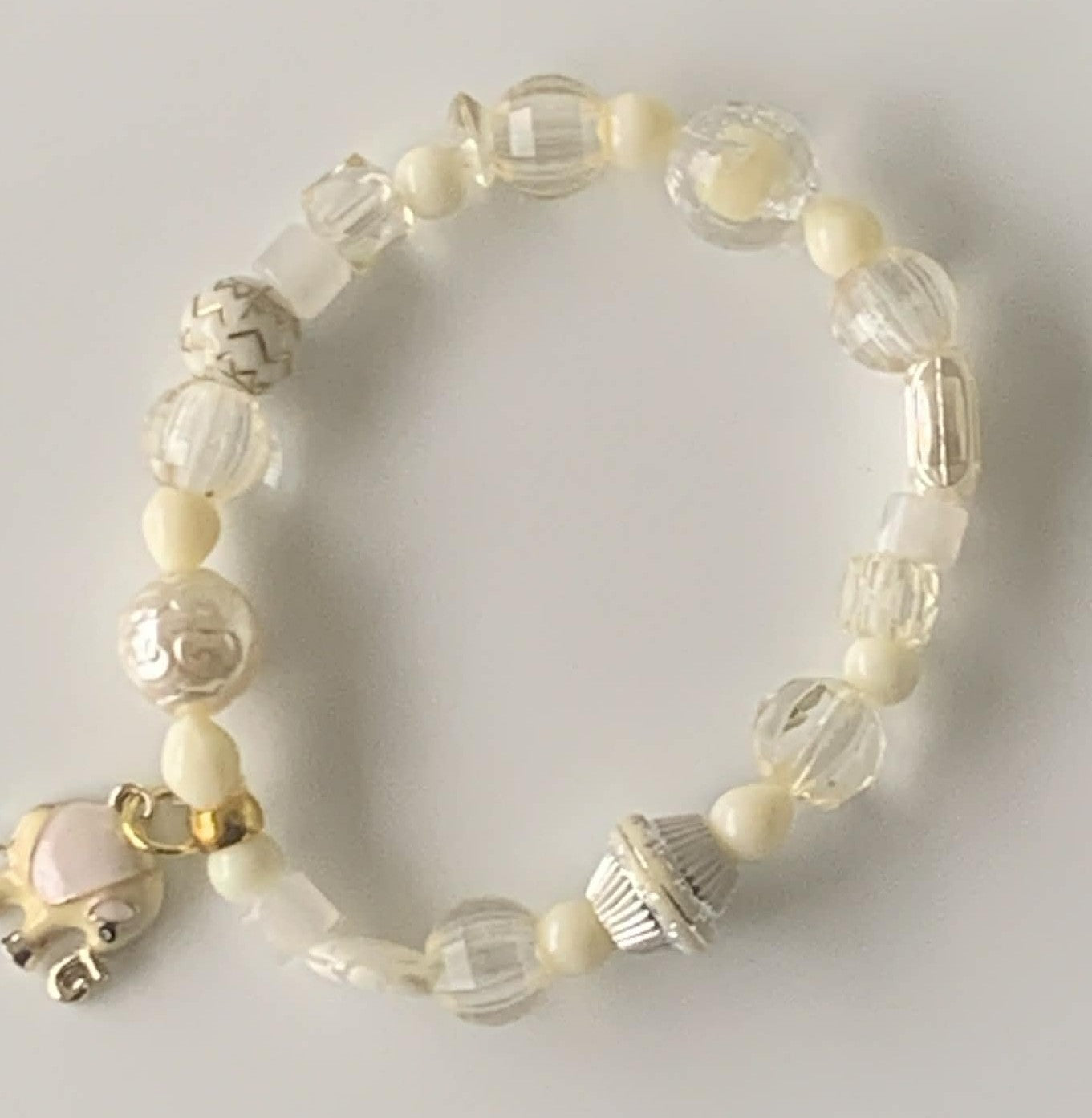 Ivory & Clear Crystal Mixed Bead Stretch Bracelet with Elephant Charm