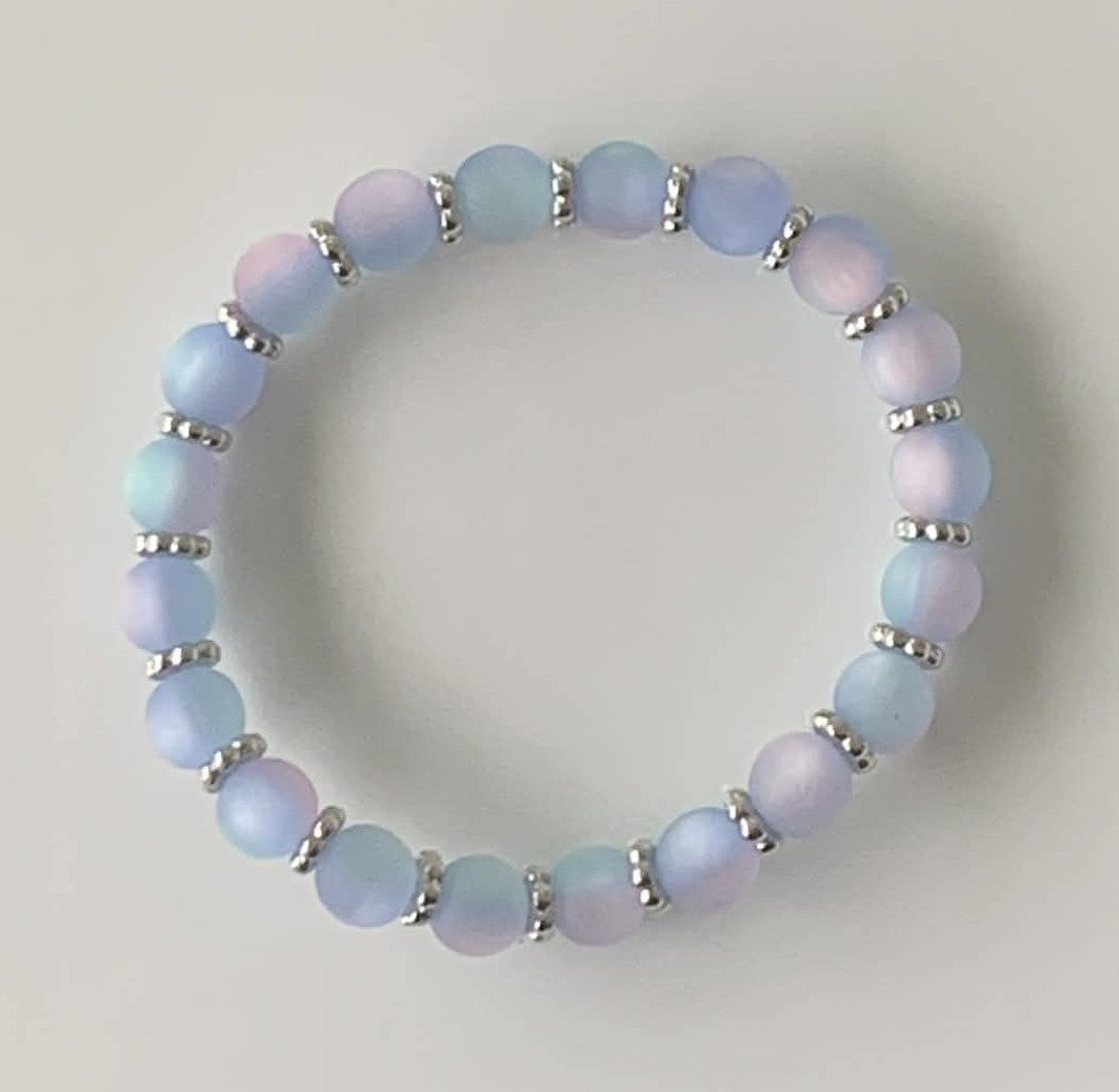 Matte Iridescent Moonstone Bead Stretch Bracelet with Silver Rondelle Spacers