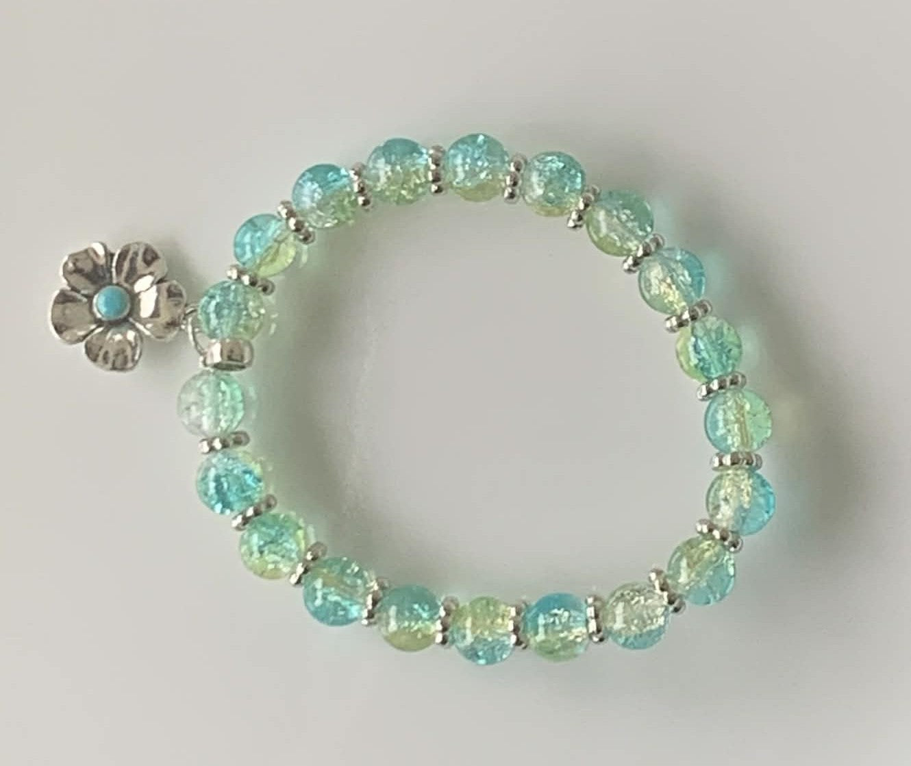 Aqua & Lime Two-Tone Crackle Glass Stretch Bracelet with Silver Rondelle Spacers & Flower Charm