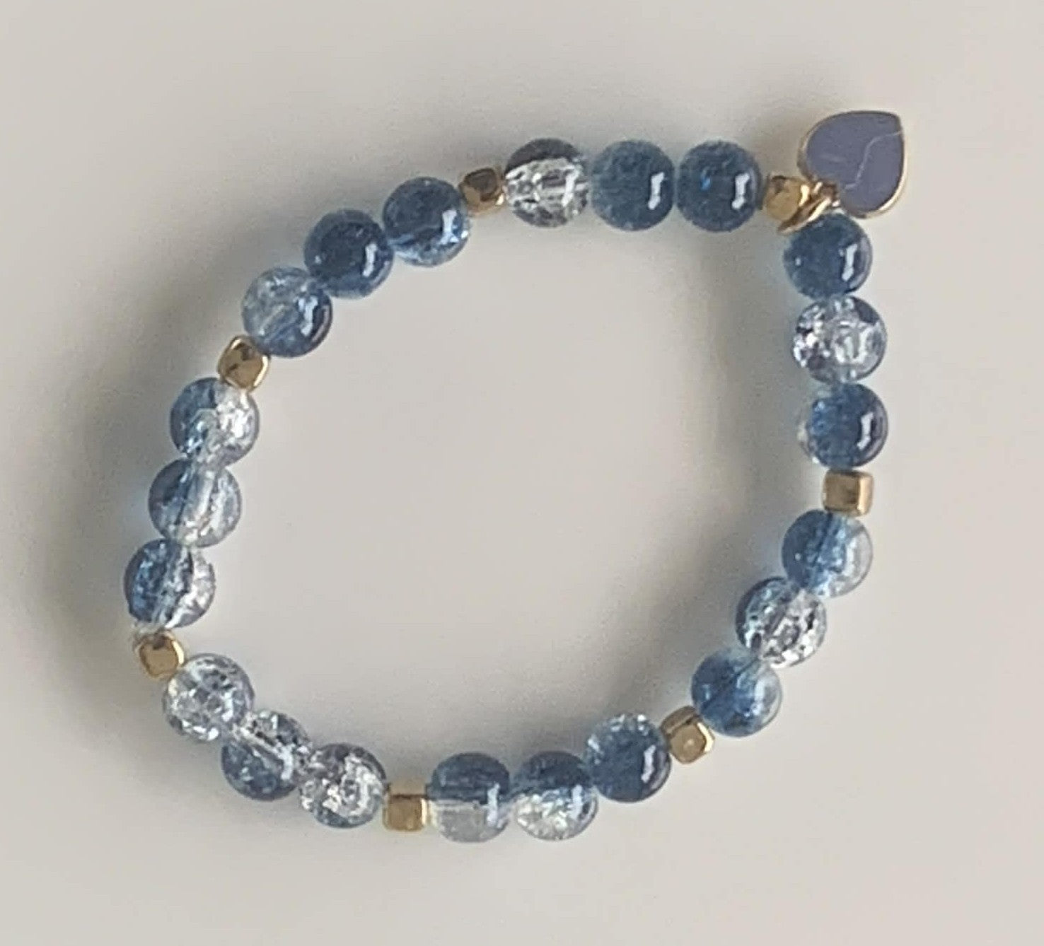 Blue Crackle Glass & Gold Cube Stretch Bracelet with Heart Charm