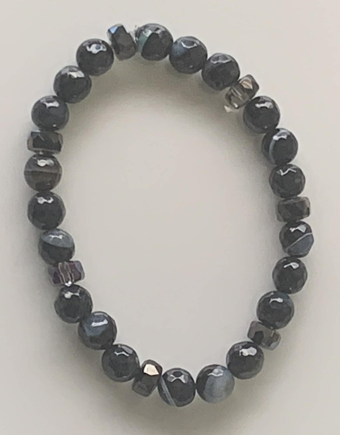 Dark Grey Banded Agate & Smoky Crystal Cube Stretch Bracelet