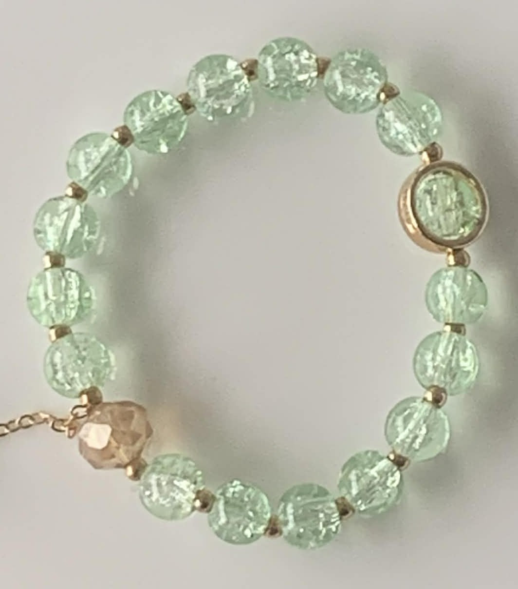 Mint Green Crackle Glass Stretch Bracelet with Champagne Crystal & Gold Coin Accent