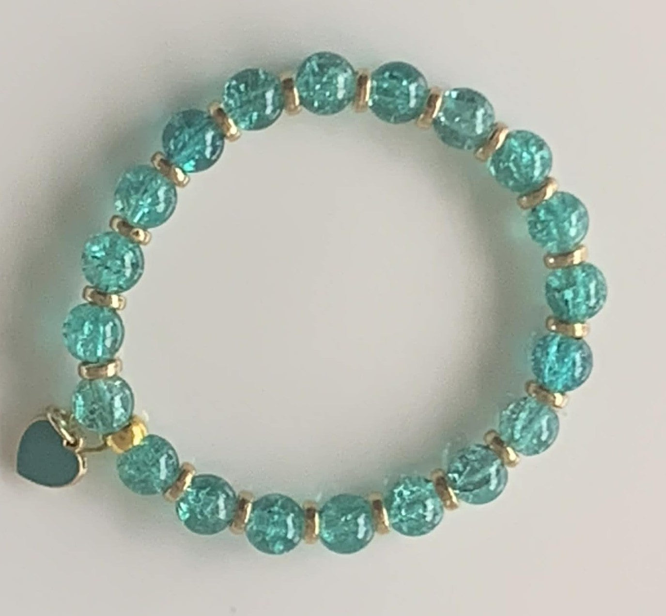 Teal Crackle Glass Stretch Bracelet with Heart Charm