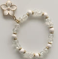 White & Clear Crackle Glass Stretch Bracelet with White Flower Charm