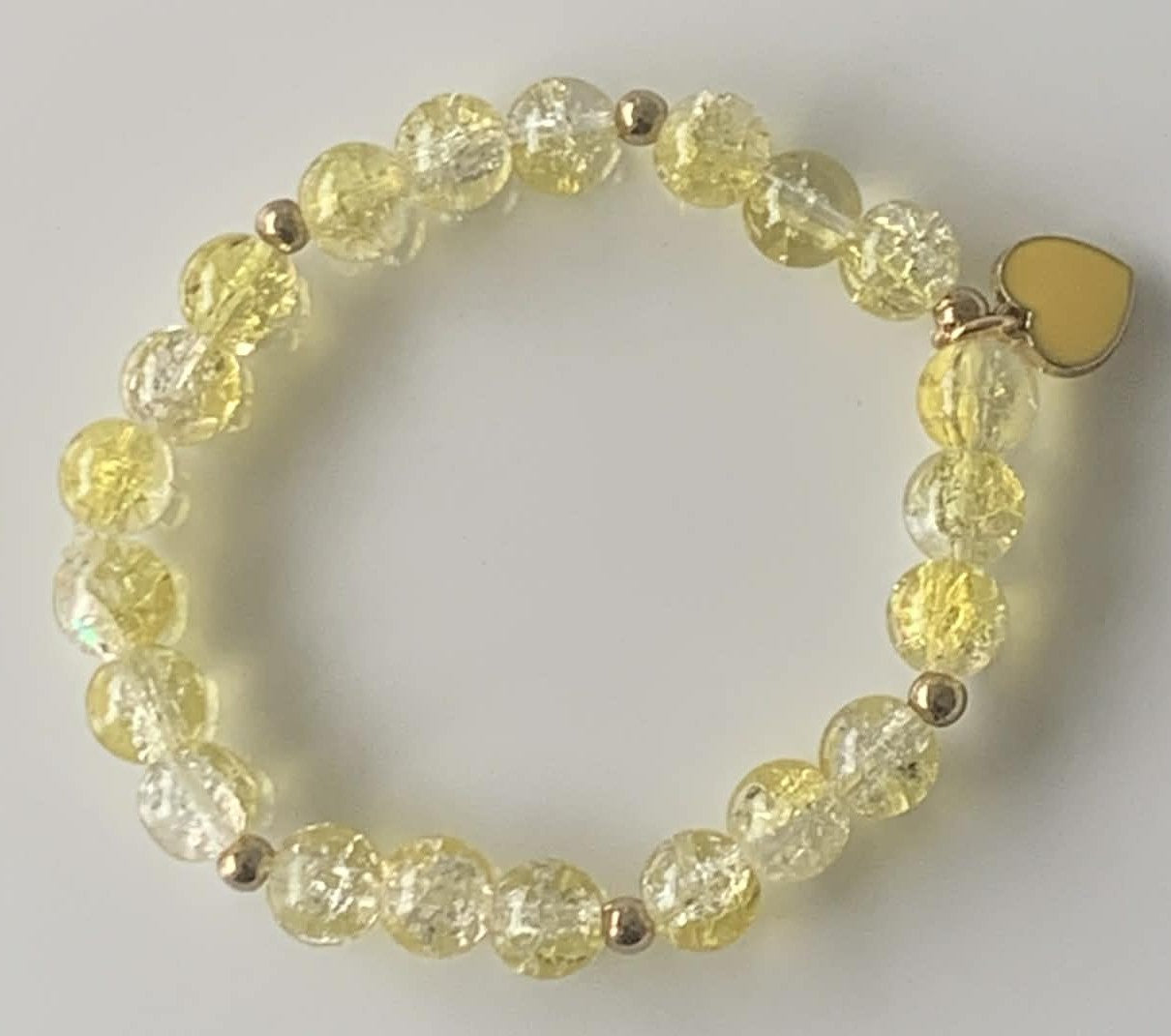 Lemon Yellow Crackle Glass Stretch Bracelet with Gold Ball Spacers & Yellow Heart Charm
