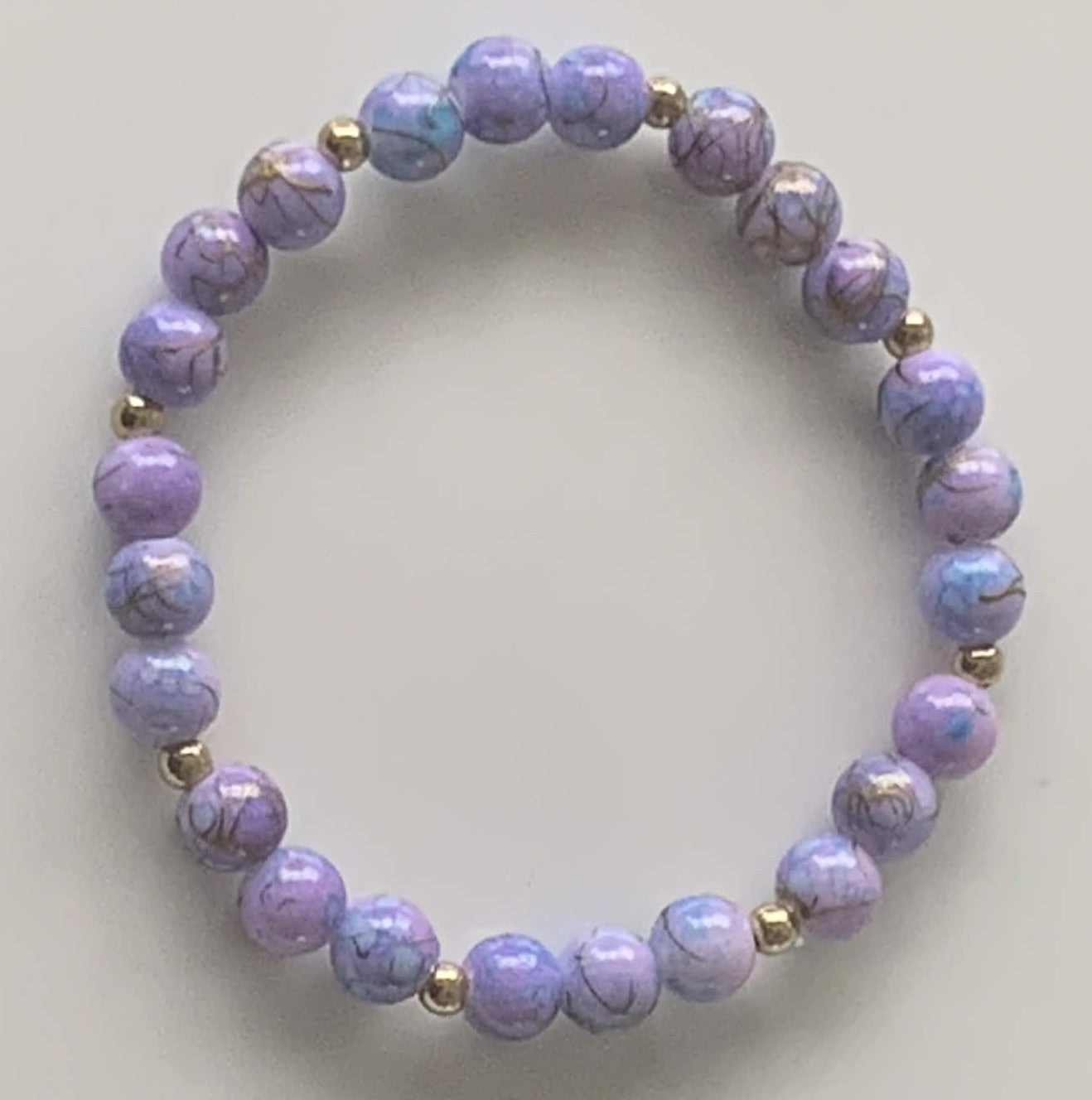 Lavender & Blue Marble Bead Stretch Bracelet with Gold Spacers