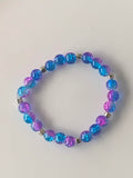 Blue & Purple Two-Tone Crackle Glass Stretch Bracelet with Silver Cube Spacers