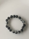 Black Obsidian & Clear Crackle Glass Stretch Bracelet with Silver Rondelle Spacers