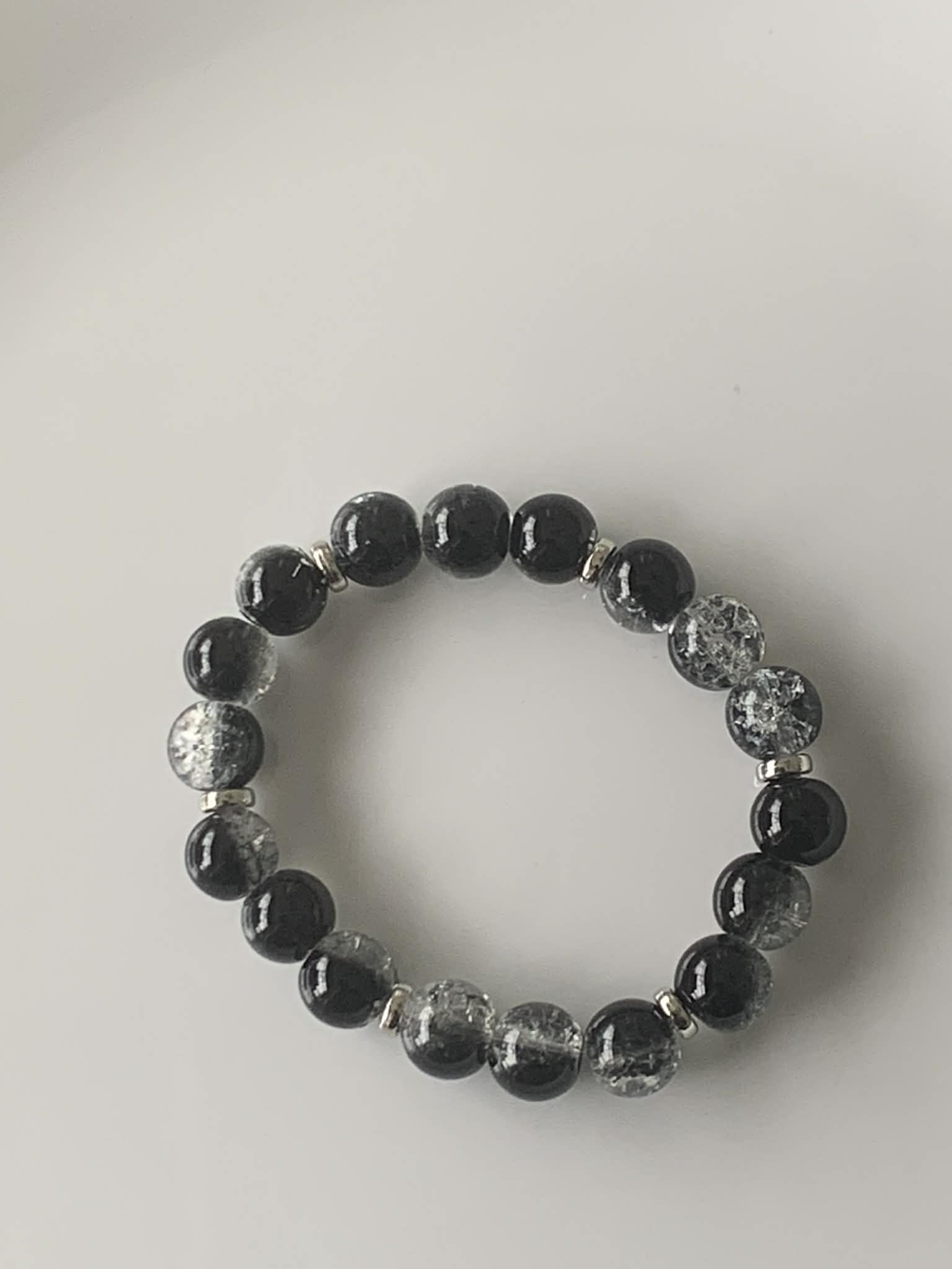 Black Obsidian & Clear Crackle Glass Stretch Bracelet with Silver Rondelle Spacers