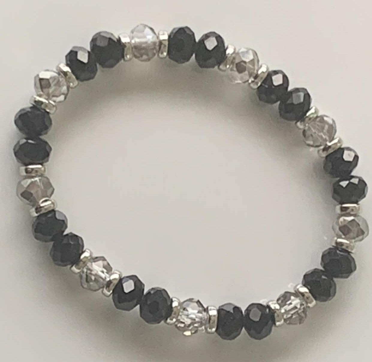 Black & Silver Faceted Crystal Rondelle Stretch Bracelet