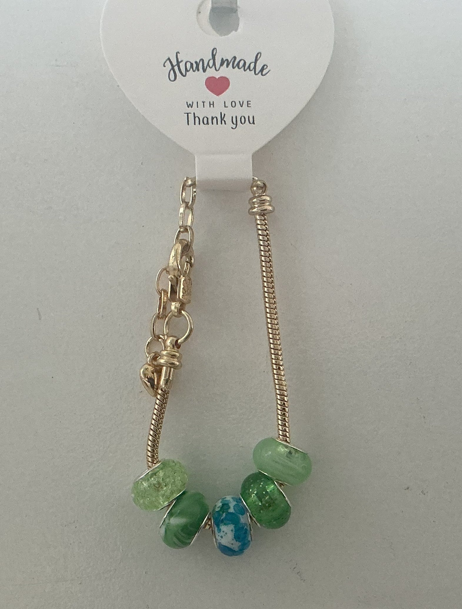 Mint Green & Teal Murano-Style Charm Bead Gold Snake Chain Bracelet