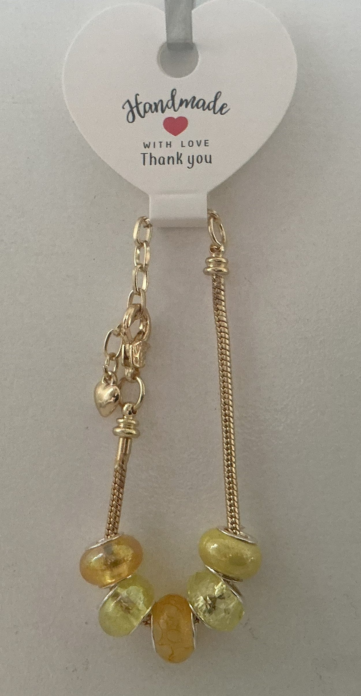 Lemon Yellow & Gold Murano-Style Charm Bead Gold Snake Chain Bracelet with Heart Charm