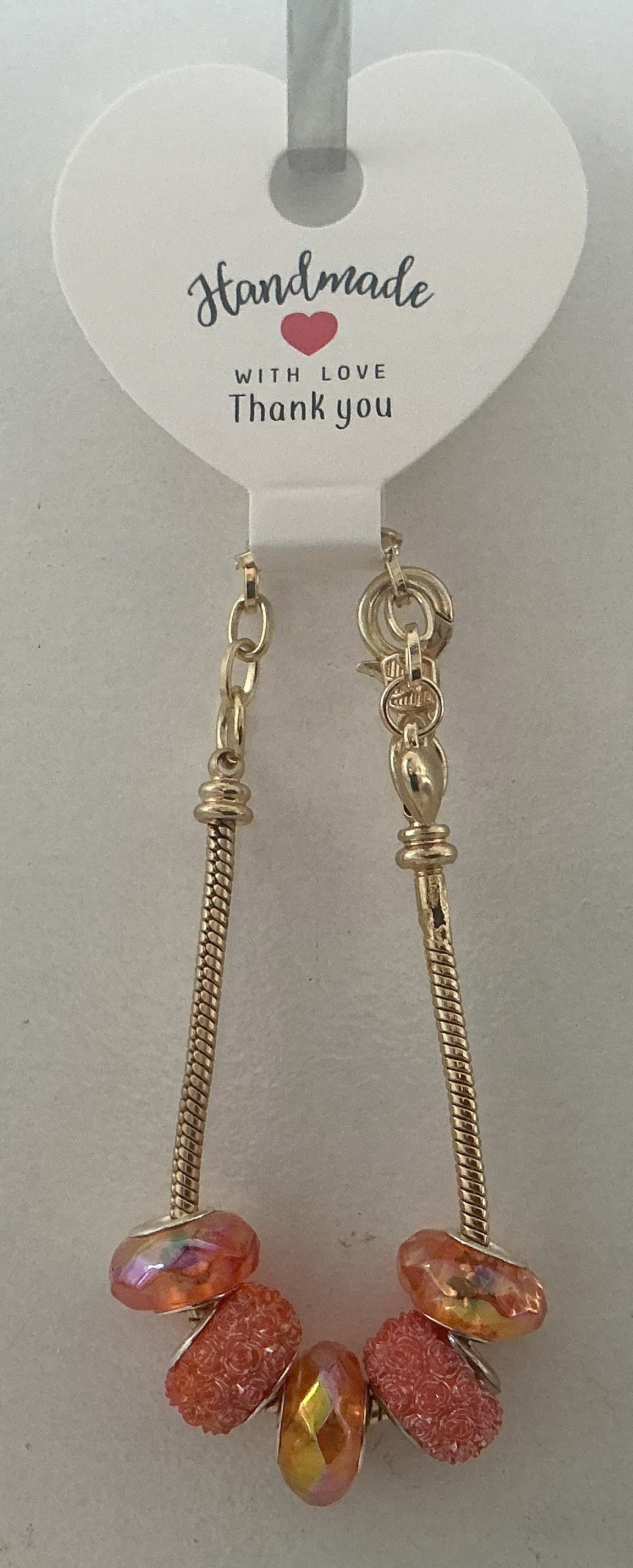 Peach Coral Iridescent Bead Gold Snake Chain Bracelet