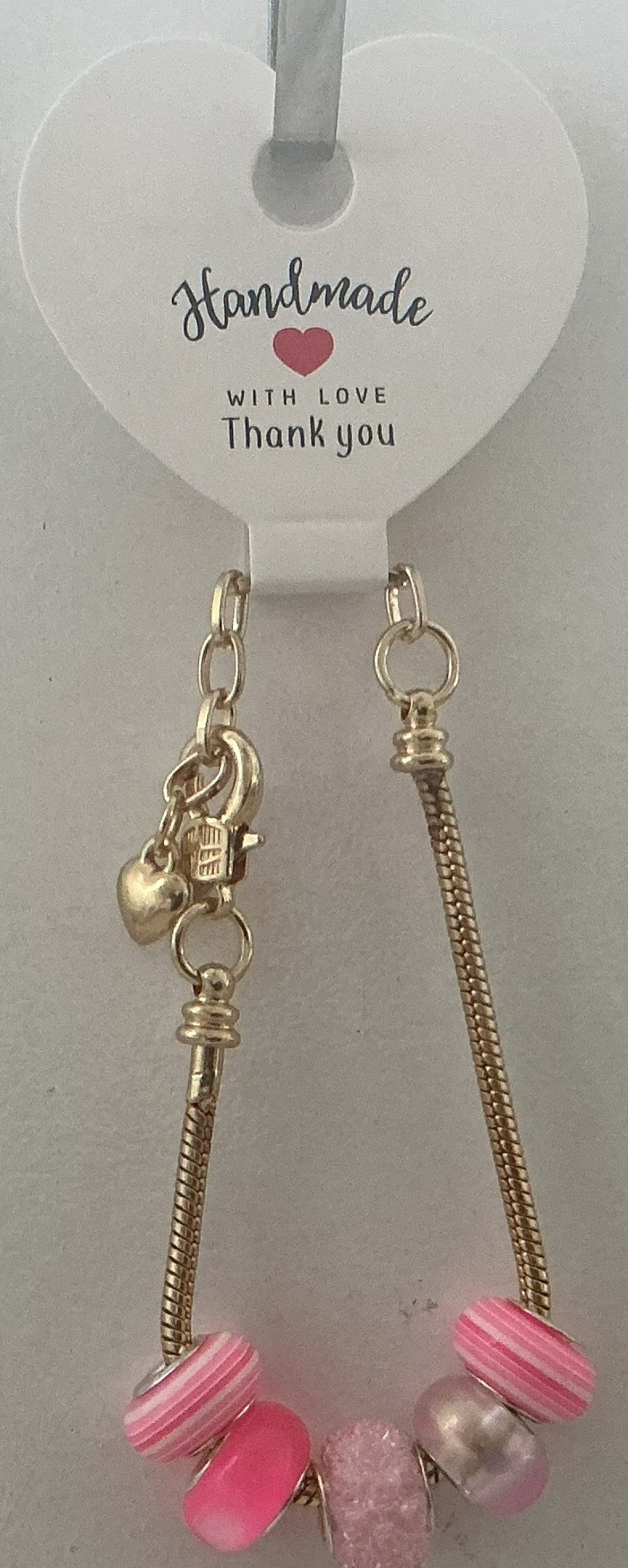 Pink Mixed Charm Bead Gold Snake Chain Bracelet with Heart Clasp Charm