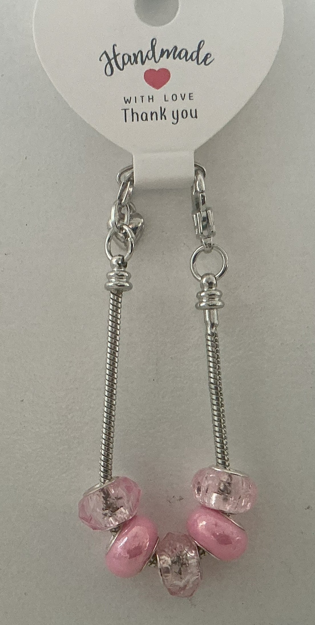 Pink Transparent Faceted and Opaque Rondelle Bead Silver Snake Chain Bracelet