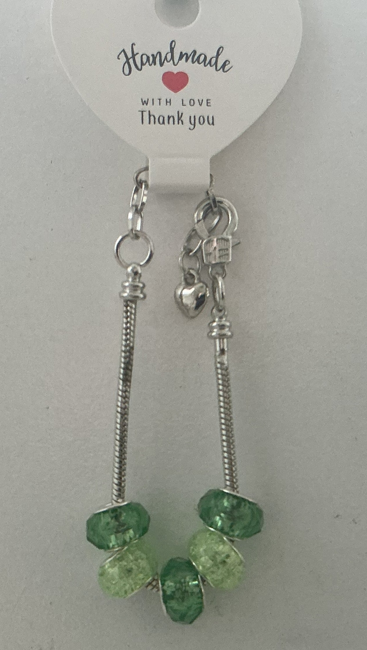 Dark and Light Green Faceted Crystal Bead Silver Heart Charm Bracelet