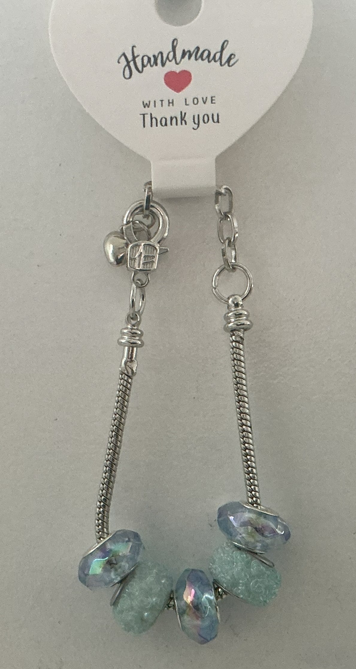 Iridescent Pale Blue Mint Crackle Bead Silver Heart Charm Bracelet