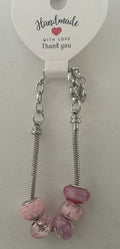 Pink Druzy Purple Floral Patterned Bead Silver Snake Chain Bracelet