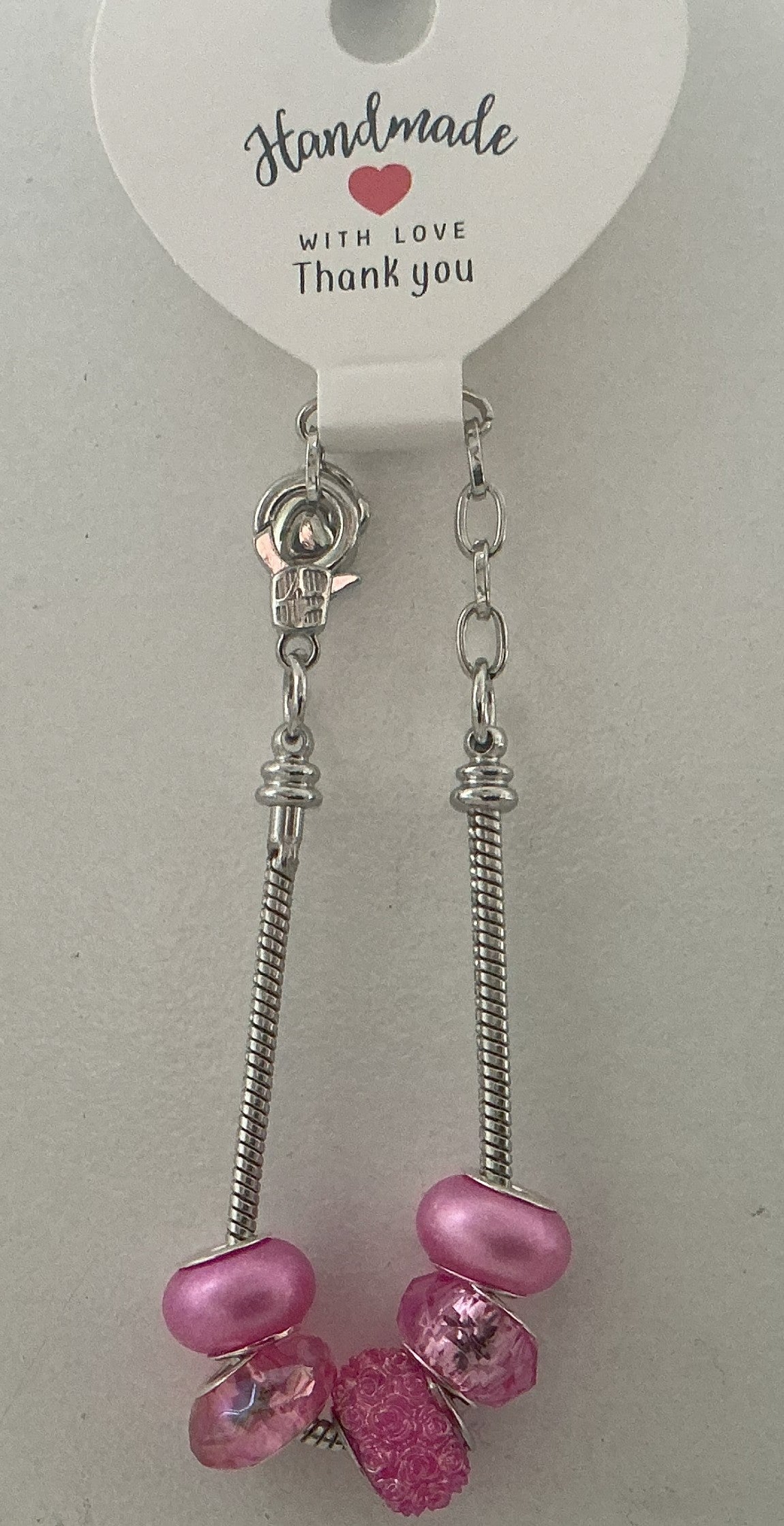 Hot Pink Pearl Rhinestone Disco Faceted Bead Silver Snake Chain Bracelet