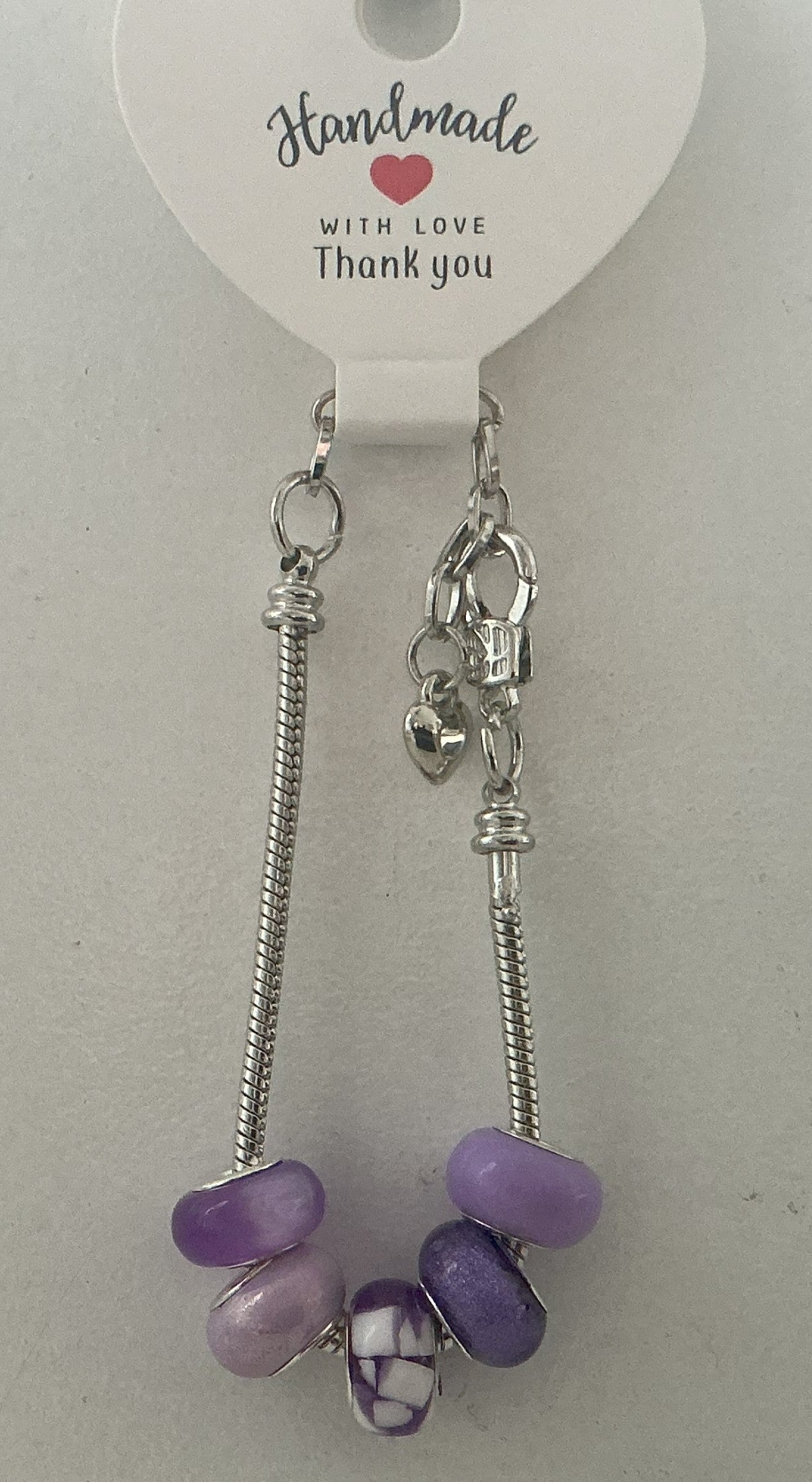 Mixed Purple Opaque Frosted Marble Bead Silver Heart Charm Bracelet