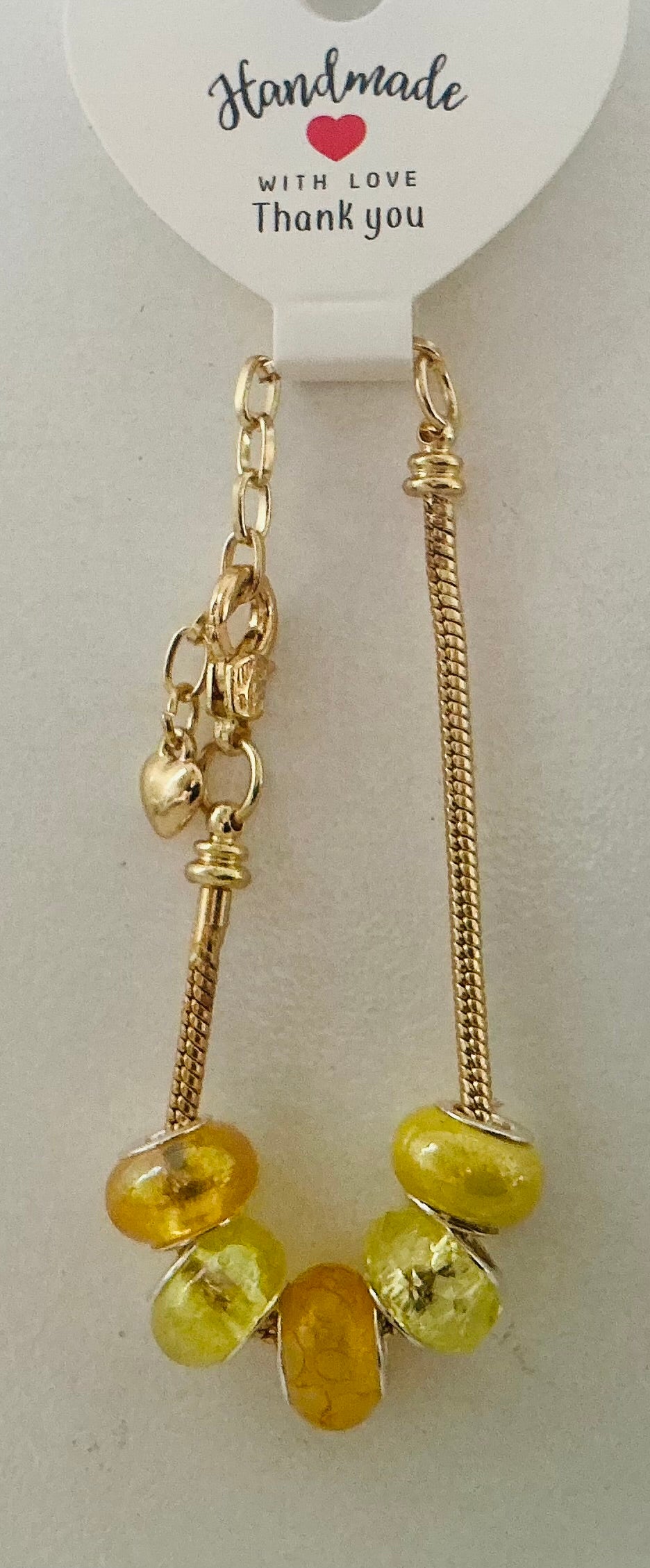 Amber & Lime Yellow Murano-Style Charm Bead Gold Snake Chain Bracelet with Heart Charm