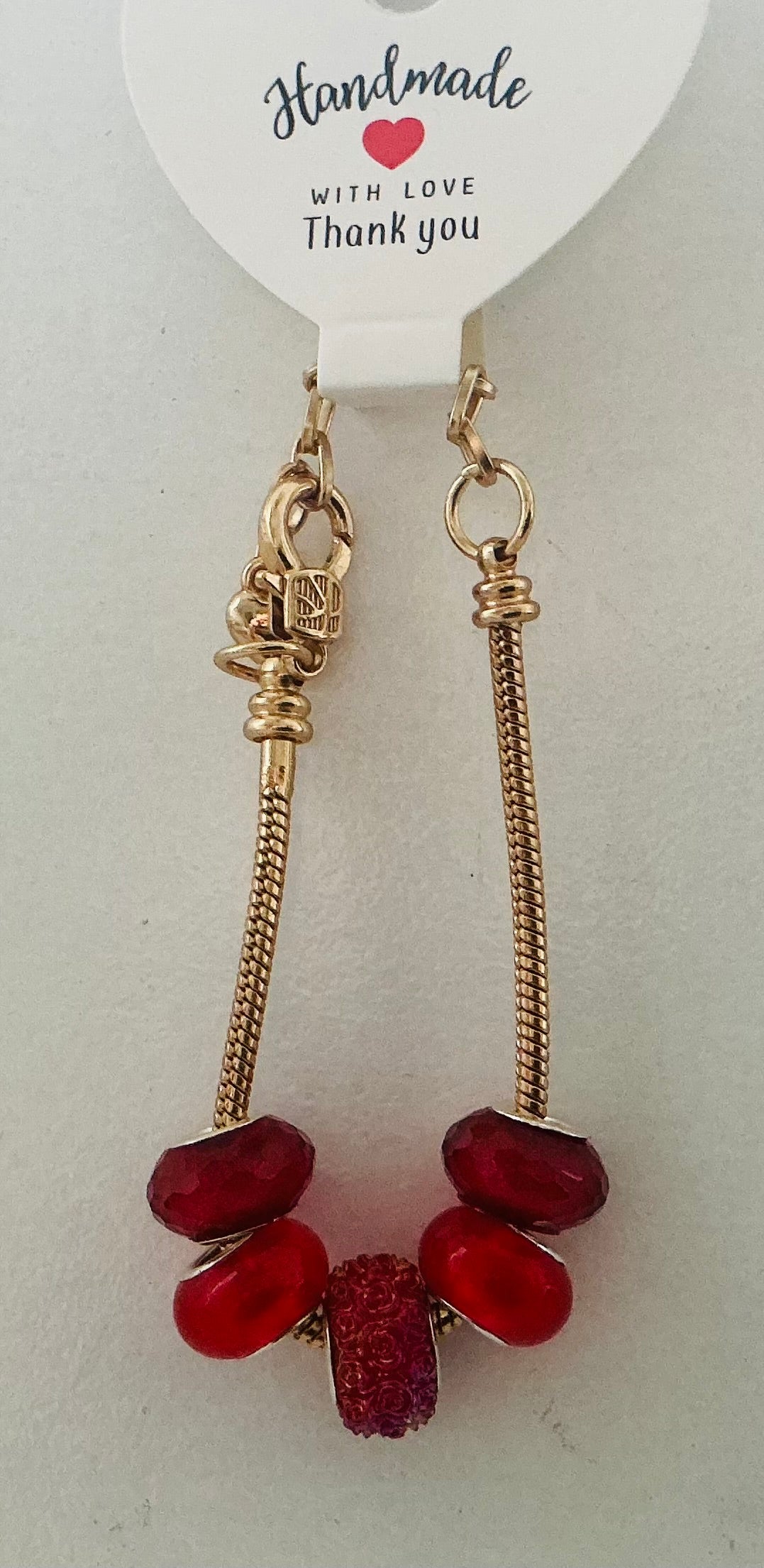 Deep Red Murano-Style Charm Bead Gold Snake Chain Bracelet with Pave Crystal Bead