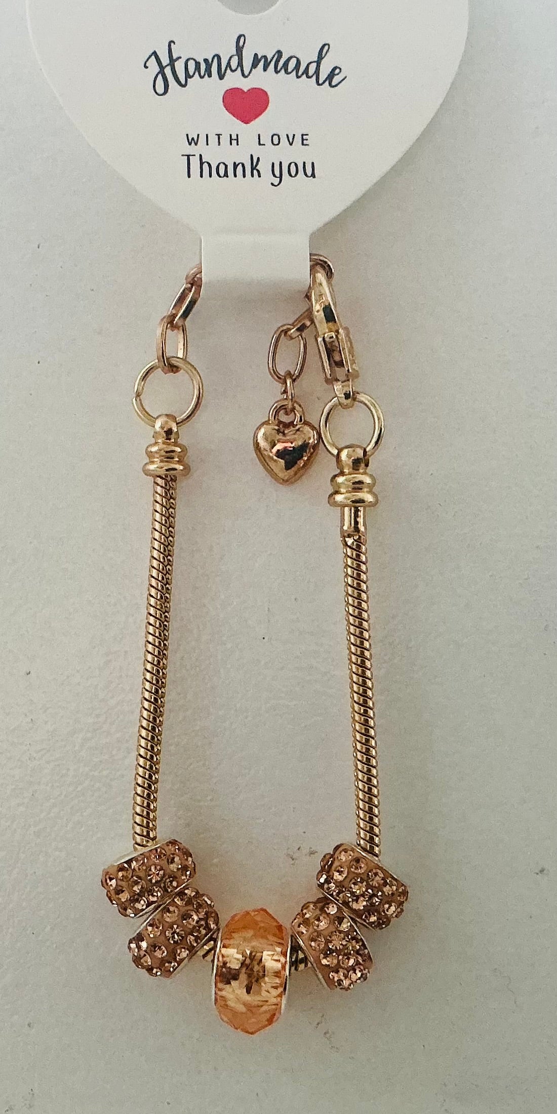 Rose Gold Pave Crystal & Champagne Faceted Bead Snake Chain Bracelet with Heart Charm