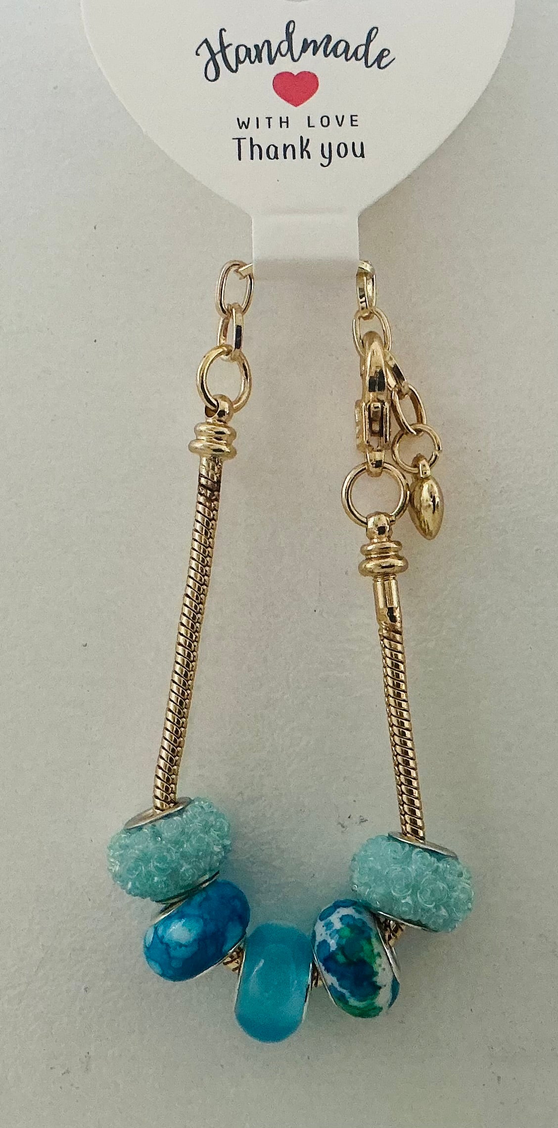 Ocean Blue Mixed Murano-Style Charm Bead Gold Snake Chain Bracelet